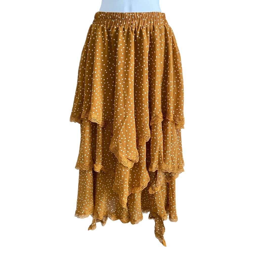 Tiered Layered Polka Dot Lace Trim Maxi Skirt Boho Cottagecore European Summer